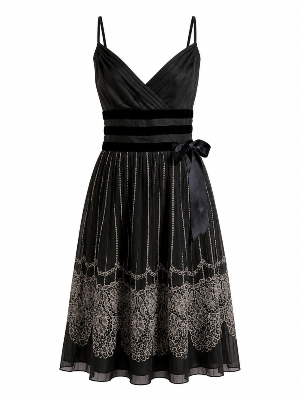 LOFT Ann Taylor Black Pleated Fit & Flare Dress Velvet Bow Spaghetti Strap 8